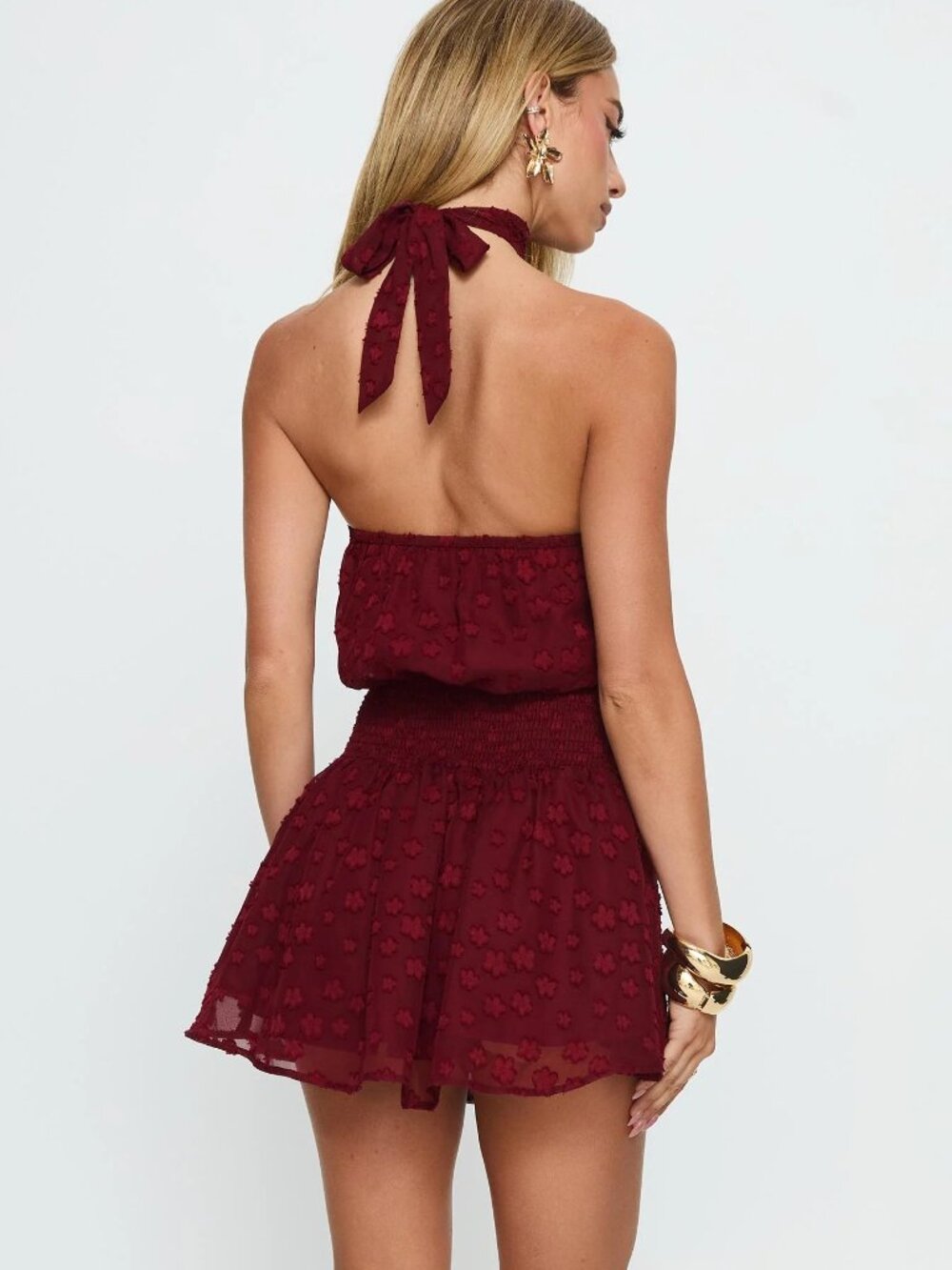 Princess Polly Eurythmic scarf halter mini dress Burgundy jacquard 6 NWT - Picture 4 of 15